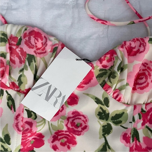NEW Zara Corset Style Mini Dress Medium Pink White Floral Roses Rose Thin Straps - Picture 13 of 14